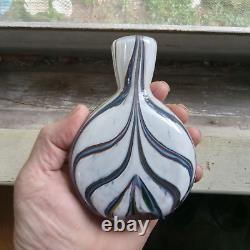 Heavy Cased Art Glass Pocket Flask With Blue & Black Swirls Hand Blown Scarce