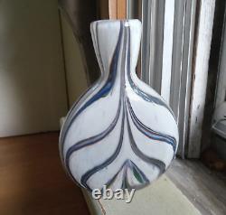 Heavy Cased Art Glass Pocket Flask With Blue & Black Swirls Hand Blown Scarce