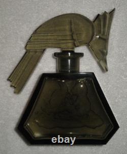 Heinrich Hoffmann Art Deco Clear Black Glass Aztec Perfume Bottle & Bird Stopper