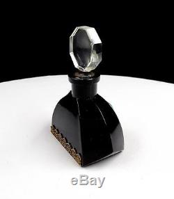 Heinrich Hoffmann Jet Black Crystal Brass Jadeite 3 Perfume Bottle & Stopper