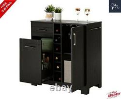 Home Furniture Bar Cabinet with Bottle and Glass Storage, Black Oak