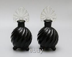 Imperial Glass Swirl 3-piece Vanity Dresser Set Black and Crystal Glass-1930s