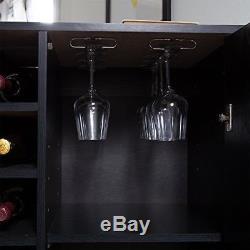 Indoor Home Modern Bar Cabinet with Metal Handles and Bottle & Glass Storage Black