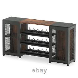 Industrial Bar Cabinet for Liquor and Glasses Rustic Wood& Metal Wine Rack Table