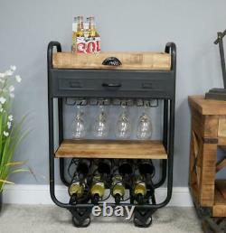 Industrial Wine Trolley on Wheels Wooden and Black Metal Bottle Wine Glass Rack