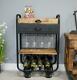 Industrial Wine Trolley On Wheels Wooden And Black Metal Bottle Wine Glass Rack