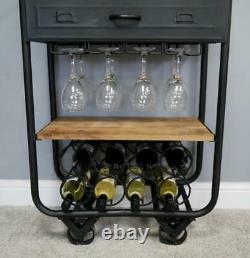 Industrial Wine Trolley on Wheels Wooden and Black Metal Bottle Wine Glass Rack