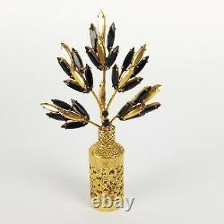 Irice Perfume Bottle Flower Top Jeweled French Black Glass Gold Trim Large 7in