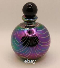 Iridescent Black Glass Perfume Bottle with Stopper Pulled Feather Signed CG 1989