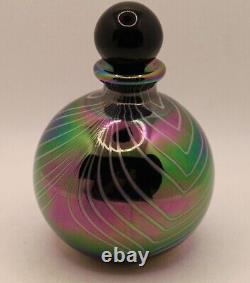 Iridescent Black Glass Perfume Bottle with Stopper Pulled Feather Signed CG 1989