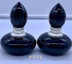Jet Black Glass & Silver Tone Perfume Bottle Pair