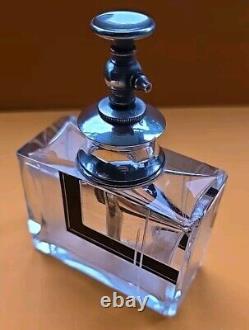 Karl Palda Art Deco Clear Cut Glass Black Enamel Perfume Bottle Sterling Silver