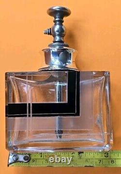 Karl Palda Art Deco Clear Cut Glass Black Enamel Perfume Bottle Sterling Silver