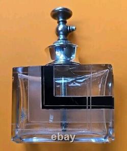 Karl Palda Art Deco Clear Cut Glass Black Enamel Perfume Bottle Sterling Silver