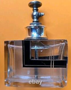 Karl Palda Art Deco Clear Cut Glass Black Enamel Perfume Bottle Sterling Silver