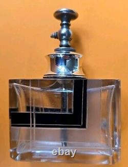 Karl Palda Art Deco Clear Cut Glass Black Enamel Perfume Bottle Sterling Silver