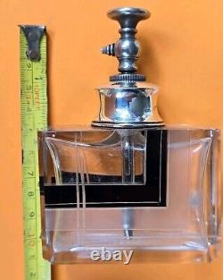 Karl Palda Art Deco Clear Cut Glass Black Enamel Perfume Bottle Sterling Silver