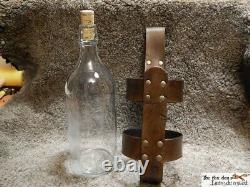 Large medieval style glass bottle with leather holder and 2 closure. LARP