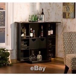 Liquor Storage Cabinet Wine Home Mini Bar Bottles Glasses Black Wooden Furniture