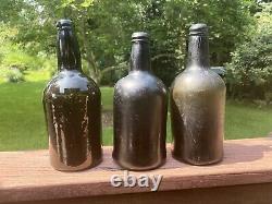 Lot of 3 UK Squat Cylinders, Black Glass, Pontil. Appl'd Lips. 18-19thC Antiques