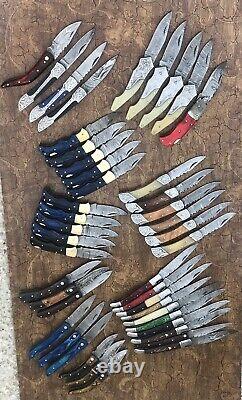 Lot of 44 piece Custom Hand Made Damascus Steel Folding Pocket Hunting Knife