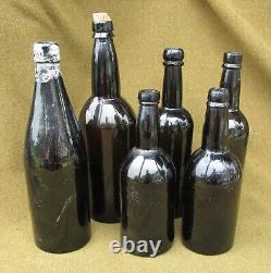 Lot of 6 Civil War Era Black Glass Bottles Beers Wine etc 3pc Mold