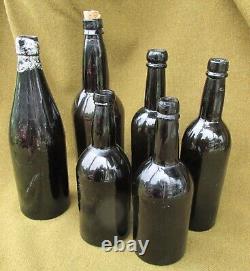 Lot of 6 Civil War Era Black Glass Bottles Beers Wine etc 3pc Mold