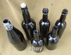 Lot of 6 Civil War Era Black Glass Bottles Beers Wine etc 3pc Mold