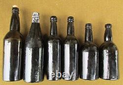 Lot of 6 Civil War Era Black Glass Bottles Beers Wine etc 3pc Mold