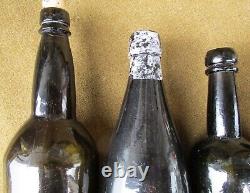 Lot of 6 Civil War Era Black Glass Bottles Beers Wine etc 3pc Mold