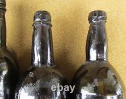 Lot of 6 Civil War Era Black Glass Bottles Beers Wine etc 3pc Mold