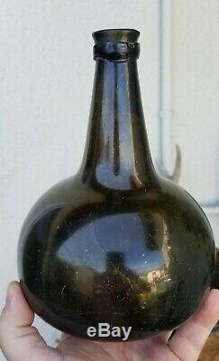 Lovely Antique 1800s Dutch Onion Black Glass Bottle String Lip Open Pontil