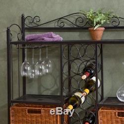 Low Celtic Wine Bottle Holder with Storage Baskets Glass Display Metal Black Bar