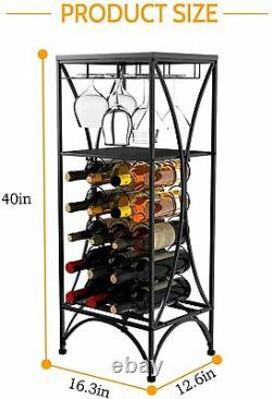 Metal Wine Rack Ftreestanding Wine Display 15 Bottle 3 Glass Holder Black