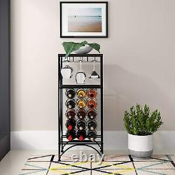 Metal Wine Rack Holder Cabinet 15 Bottle with Glass Stemware & Storage Shelves