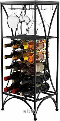 Metal Wine Rack Holder Cabinet 15 Bottle with Glass Stemware & Storage Shelves