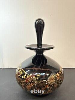 Michael Nourot Glass Studio Hand Blown Perfume Bottle Signed 5.75 Black Gold