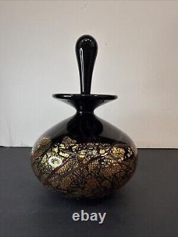 Michael Nourot Glass Studio Hand Blown Perfume Bottle Signed 5.75 Black Gold