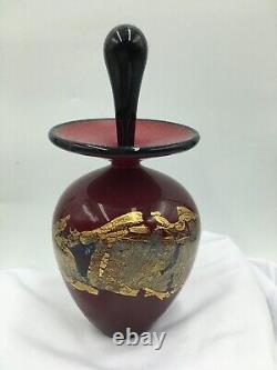 Michael Nourot Signed Red Satin Art Glass Perfume Bottle with Black Stopper