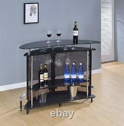Modern Crescent Front Bar Table Glass Top Bottle Storage & Stemware Rack, Black