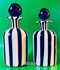 Murano Perfumes Two Black and White Striped Vintage Bottles with Stoppers