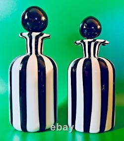 Murano Perfumes Two Black and White Striped Vintage Bottles with Stoppers