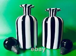 Murano Perfumes Two Black and White Striped Vintage Bottles with Stoppers