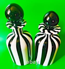 Murano Perfumes Two Black and White Striped Vintage Bottles with Stoppers