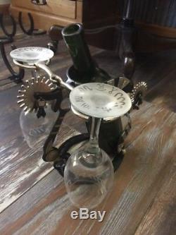 NEW Western Cowboy Horseshoe and Black & Silver Spur Wine Glass & Bottle Holder