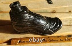 Nice Cranberry Puce Black Glass Boot with Big Toe Whiskey Nip Flask Sheared Top