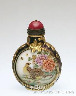 Old Handmade Carved Overlay Enamel Glass Snuff Bottle Bird & Flowers