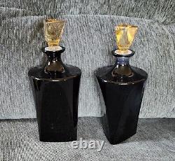 PR. OF LARGE VINTAGE TRIANGULAR BLACK GLASS with AMBER STOPPERS PERFUME BOTTLES