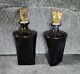 Pr. Of Large Vintage Triangular Black Glass With Amber Stoppers Perfume Bottles