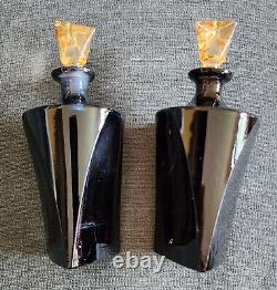 PR. OF LARGE VINTAGE TRIANGULAR BLACK GLASS with AMBER STOPPERS PERFUME BOTTLES